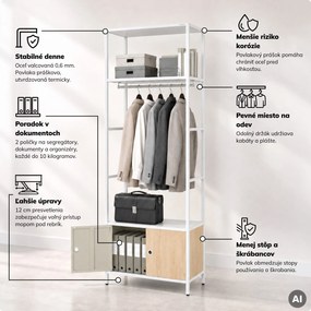 Kancelársky regál otvorený s tyčou na oblečenie, do recepcie a čakárne, kovový, biely/dub sonoma, 800x2200x400 mm: ARIEL Eco Design
