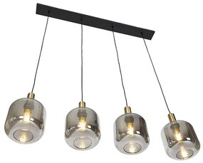 Dizajnové závesné svietidlo čierne so zlatom a dymovým sklom 4-svetlo - Zuzanna