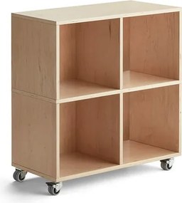 Drevená úložná skriňa RICO, s kolieskami, 4 priehradky, Š 800 mm, breza