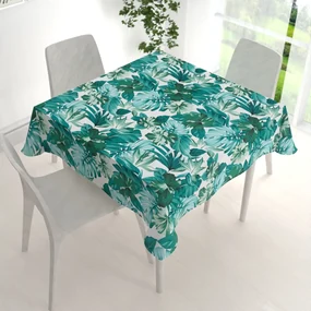 Biante Bavlnený štvorcový obrus Sandra SA-484 Modro-zelené kvety a listy monstery na bielom 130x130 cm