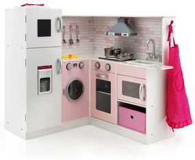 Rohová kuchynská hracia súprava Drevená kuchynka na hranie so zásterou pre deti Kuchárska čiapka 85 x 84 x 85 cm biela + ružová