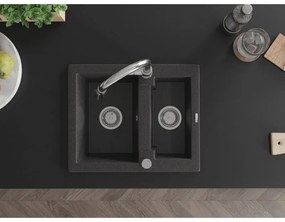 Mexen Carlos, 1,5-komorový granitový drez 582x475x177 mm a drezová batéria Elia, čierna škvrnitá, 6518-76-670101-00