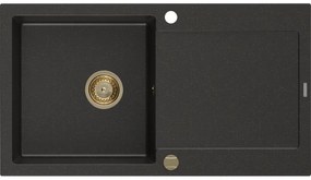 Mexen Leo granitový jednokomorový drez s odkvapkávačom 900 x 500 mm, Čierna/Zlatá metalíza, Sifón Zlatá - 6501901010-75-G