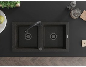 Mexen Mario, 2-komorový granitový drez 820x436x161 mm a drezová batéria Elia, čierna škvrnitá, 6504-76-670101-70-B