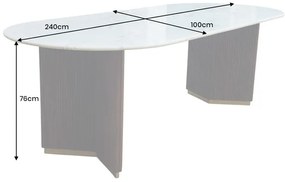 Jedálenský stôl GATSBY 240 cm oválny, mangové drevo, rám v tvare V, mramorová doska, biely