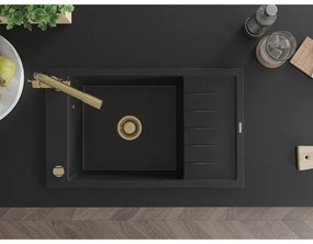 Mexen Elias, 1-komorový granitový drez s odkvapkávačom 795x480x200 mm a zlatá batéria Duero, čierna, 6511-77-671600-50