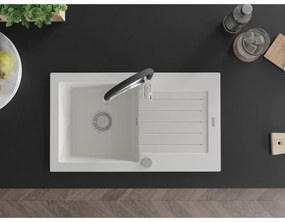 Mexen Pablo, 1-komorový granitový drez 752x436x161 mm a drezová batéria Aster, biela, 6510-20-73450-07