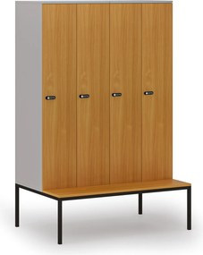 Drevená šatníková skrinka S4 s lavičkou, 4 oddiely, 1871 x 1200 x 500/800 mm, demont, mechanický kódový zámok, sivá/buk