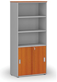 Kombinovaná kancelárska skriňa PRIMO GRAY, zasúvacie dvere na 2 poschodia, 800 x 420 x 1781 mm, sivá/čerešňa