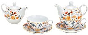 Čajník so šálkou a podšálkou s kvetinovým dekorom orange, porcelán