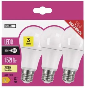 EMOS LED žiarovka, E27, A60, 14W, 1521lm, teplá biela, súprava 3ks