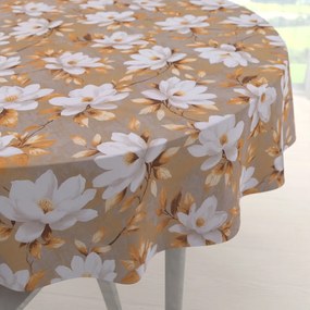 Biante Bavlnený okrúhly obrus Sandra SA-717 Biele kvety magnólie na hnedosivom Ø 130 cm