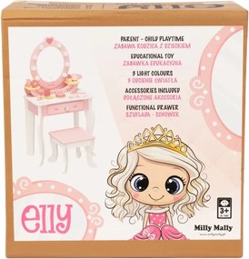 Veľká drevená toaletka ELLY pre deti s LED svetlom a taburetkou ružová