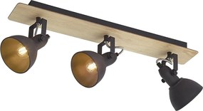 Stropný reflektor čierny s drevom 3-svetelný otočný a sklopný - Jakub