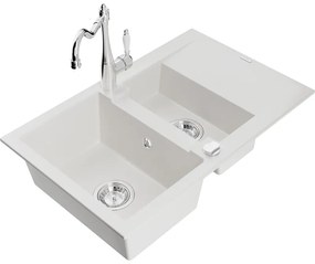 Mexen Gaspar, granitový drez 752x436x161 mm, 1,5-komorový a drezová batéria Carla, biela, 6507-20-670700-00