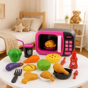 LEAN Toys Detská hračka mikrovlnná rúra s otáčaním 360°, svetlá a zvuky, ružová