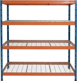 Kovové regály RIVET PRO 180x150x45 oceľová mriežka 4 úrovne modro-oranžová