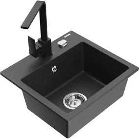 Mexen Milo, 1-komorový granitový drez 435x410x171 mm a čierna batéria Rita, čierna škvrnitá, 6505-76-670300-70