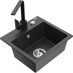 Mexen Milo, 1-komorový granitový drez 435x410x171 mm a čierna batéria Rita, čierna škvrnitá, 6505-76-670300-70