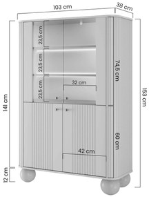 Vitrína Vesper 103 cm štvordverová - kašmír / orech / zlaté úchytky / guľaté nohy