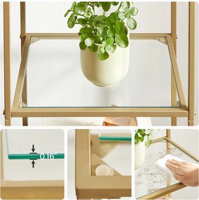 Sklenený regál s 5 policami, zlatá farba