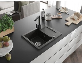 Mexen Enzo, granitový drez 576x465x174 mm, 1-komorový a čierna batéria Rita, čierna-zlatá metalíza, 6506-75-670300-70