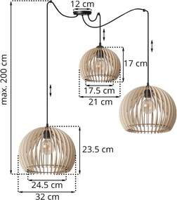 Závesné svietidlo Timber Spider 6, 3x drevené tienidlo