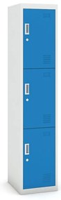 Šatníková skrinka s úložnými boxami, 3 boxy, 1800 x 380 x 450 mm, demont, cylindrický zámok, sivá/modrá