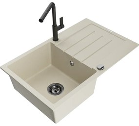 Mexen Bruno, 1-komorový granitový drez 795x495x200 mm a drezová batéria Flora, béžová, 6513-69-670401-70-B
