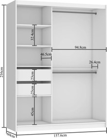 Šatníková skriňa 158 cm Belini čierny mat / šedý mat s posuvnými dverami zrkadlom a zásuvkami  MBP SZP7/0/B/SR/0/KLP