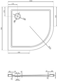 Mexen Flow, asymetrická štvrťkruhová sprchová vanička slim, ľavá 100 x 90 cm, čierna matná, 46Q709010L