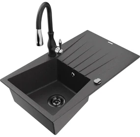 Mexen Cesar, 1-komorový granitový drez 775x470x190 mm a drezová batéria Savita, čierna škvrtnitá, 6514-76-672601-70-B