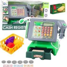 LEAN Toys Detská pokladňa s príslušenstvom, košík s ovocím, svetlá a zvuky, zelená