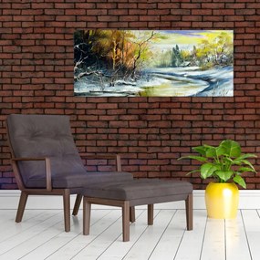 Obraz zimnej rieky, olejomaľba (120x50 cm)