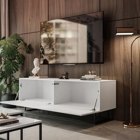 TV STOLÍK ELEGANTE 150 cm BIELY VYSOKÝ LESK + ČIERNY OCEĽOVÝ PODSTAVEC