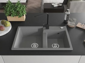 Mexen Tomas, granitový drez 800x500x190 mm, 2-komorový a čierna batéria Rita, šedá, 6516-71-670300-70