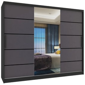Šatníková skriňa 232 cm Belini čierny mat / šedý mat s posuvnými dverami zrkadlom a zásuvkami  MBP SZP8/0/1B/2SR1L/0/KLP