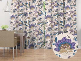 Biante Bavlnený záves Sandra SA-539 Modro-fialové orientálne kvety na svetlo béžovom 150x140 cm