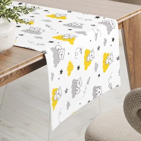 Biante Detský bavlnený behúň na stôl Sandra SA-725 Medvedíky na žlto-sivých obláčikoch na bielom 35x180 cm