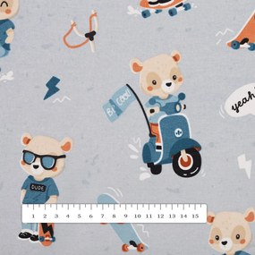 Biante Detský bavlnený štvorcový obrus Sandra SA-599 Medvedíky na motorkách a skateboardoch na svetlo sivomodrom 40x40 cm
