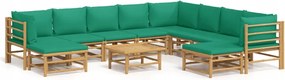 vidaXL 11-dielna sada záhradného nábytku, zelené vankúše, bambus