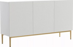 Biela komoda Nicole 150 cm s trojdverovým ryhovaným čelom - matná biela / zlaté nožičky