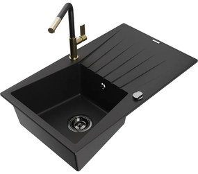 Mexen Cesar, 1-komorový granitový drez 775x470x190 mm a drezová batéria Flora, čierna, 6514-77-670401-57-B
