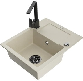 Mexen Enzo, granitový drez 576x465x174 mm, 1-komorový a čierna batéria Rita, béžová, 6506-69-670300-70