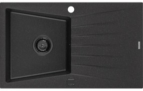 Mexen Cesar, granitový drez 775x470x190 mm, 1-komorový, čierna-strieborná metalíza s čiernym sifónom, 6514771010-73-B