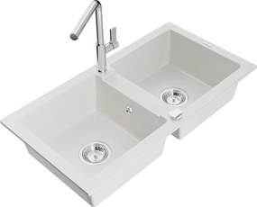 Mexen Mario, 2-komorový granitový drez 820x436x161 mm a drezová batéria Flora, biela, 6504-20-670401-00