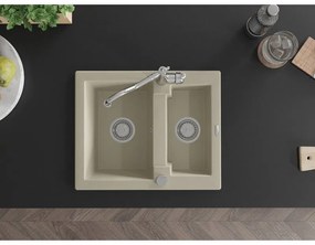Mexen Carlos, granitový drez 582x475x177 mm, 1,5-komorový a drezová batéria Carla, béžová, 6518-69-670700-00