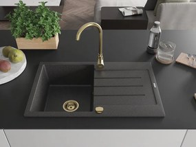 Mexen Bruno, granitový drez 795x495x200 mm, 1-komorový, čierna škvrnitá so zlatým sifónom, 6513791010-76-G