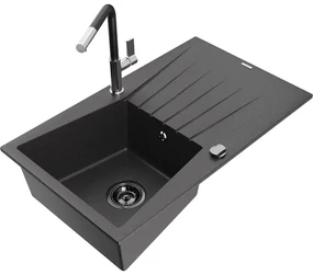 Mexen Cesar, 1-komorový granitový drez 775x470x190 mm a drezová batéria Flora, čierna škvrnitá, 6514-76-670401-07-B