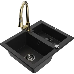 Mexen Carlos, 1,5-komorový granitový drez 582x475x177 mm a drezová batéria Elia, čierna, 6518-77-670101-50-B